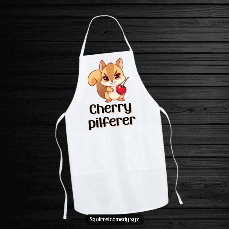 Funny apron depicting a squirrel with a stolen cherry, mischievous eyes, ideal for kitchen humor and playful cooks.