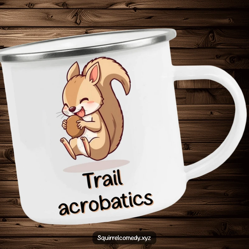 Funny camping mug showing a squirrel doing a somersault with a nut in its mouth, ready for outdoor action and laughs.
