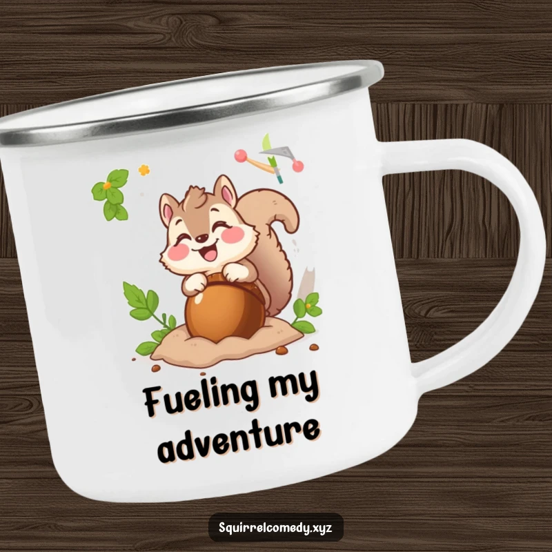 Funny camping mug showing a fluffy squirrel character excitedly burying a giant acorn, designed for outdoor fun.