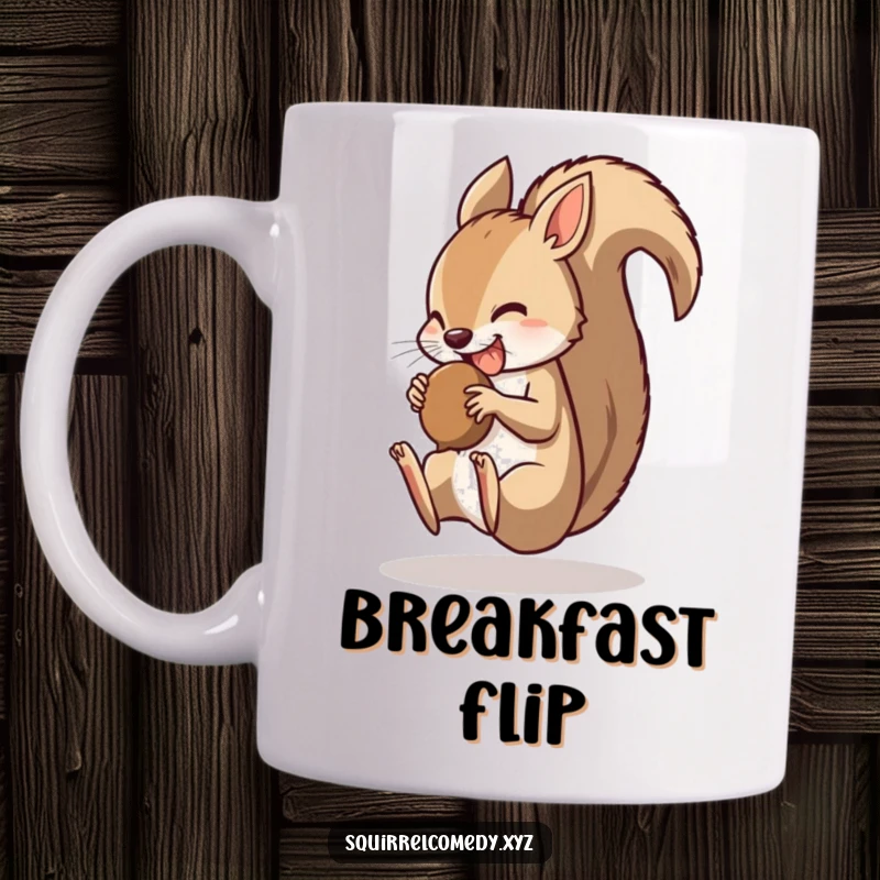 Funny mug showing a quick squirrel character doing a somersault with a nut in its mouth, capturing athleticism and humor.