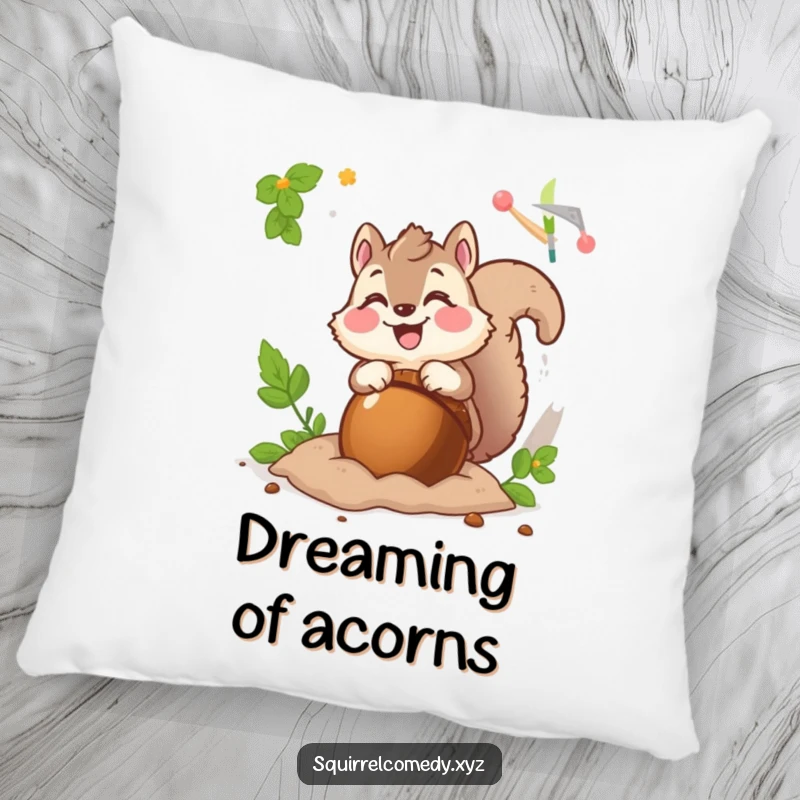 Funny pillow with a fluffy squirrel character excitedly burying a giant acorn, perfect for cozying up with a smile.