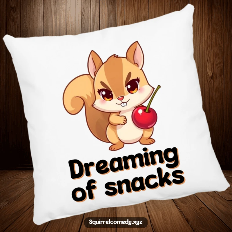Funny pillow showcasing a squirrel holding a stolen cherry, mischievous expression, perfect for adding humor to home decor.