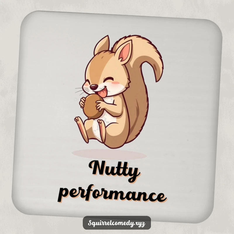 Funny drink coaster featuring a quick squirrel character doing a somersault with a nut in its mouth, adding humor to surfaces.