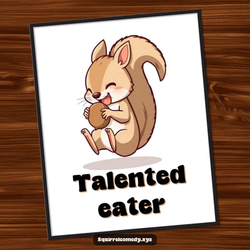 Funny poster print of a squirrel performing a somersault with a nut in its mouth, showcasing athletic skill and humor.