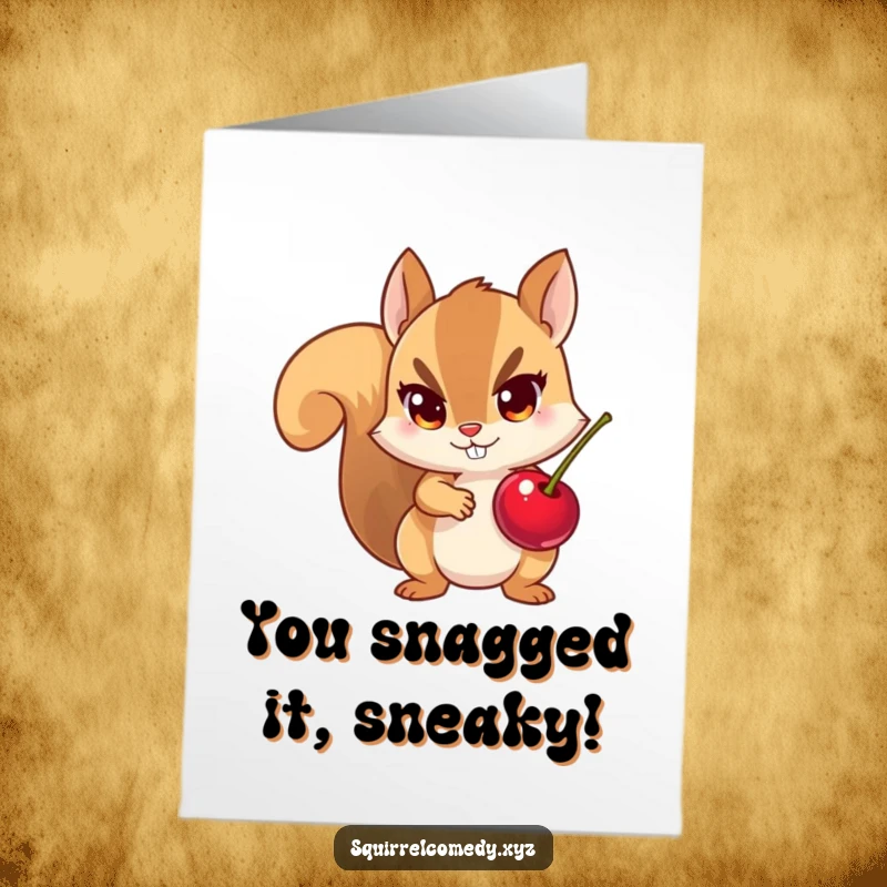 Funny Free Printable Congratulations Card: Cheeky squirrel proudly displays its stolen cherry, celebrating your big win.
