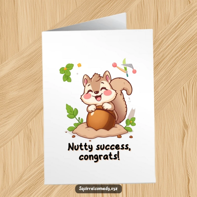 Funny Free Printable Congratulations Card featuring a fluffy squirrel character excitedly burying a giant acorn with a grin, celebrating success.