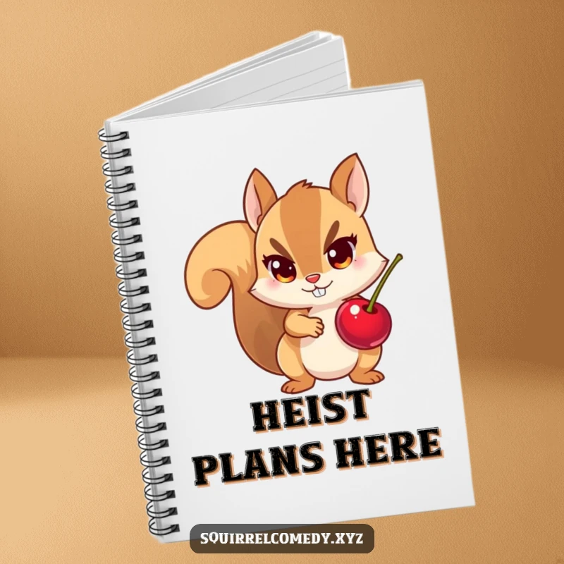 Funny notebook cover with a squirrel holding a stolen cherry, mischievous eyes, inspiring creative and humorous note-taking.