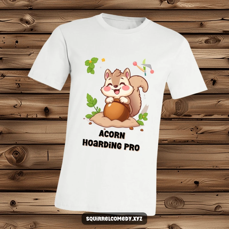 Funny t-shirt with a fluffy squirrel character excitedly burying a giant acorn, showcasing pure joy and excitement.