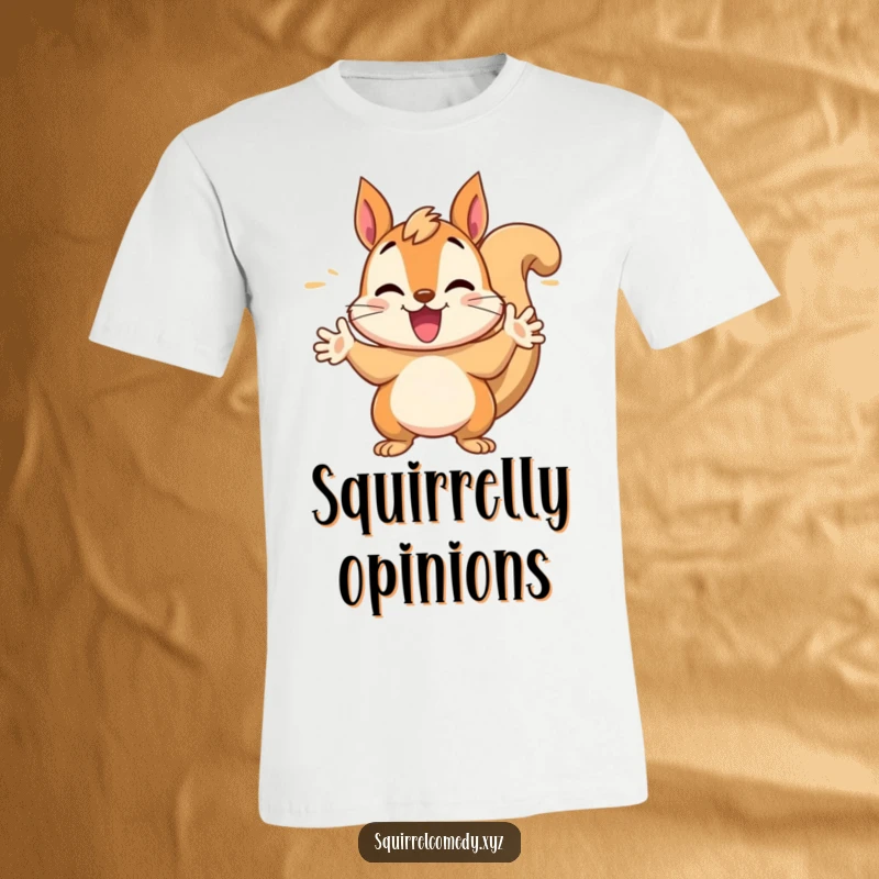 Funny t-shirt graphic of an energetic squirrel gesturing wildly with its paws, symbolizing enthusiastic chatter and lively discussion.
